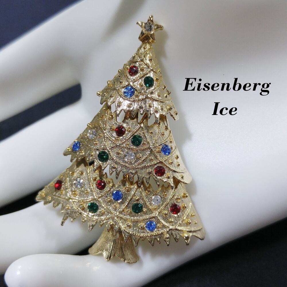 Vintage 1980s Eisenberg Ice Christmas Tree Brooch Multicolor Rhinestones